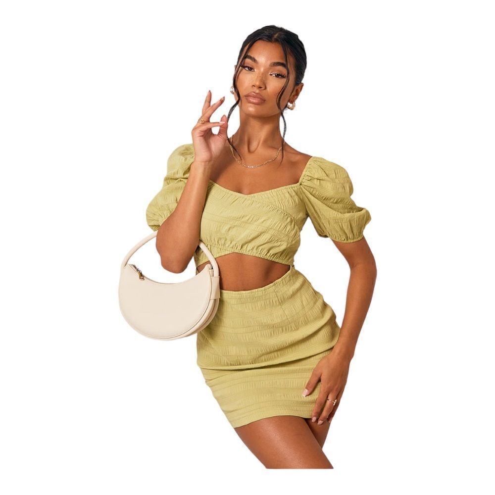 PrettyLittleThing Size 0 Green Puff Sleeve Cut-Out Mini Dress